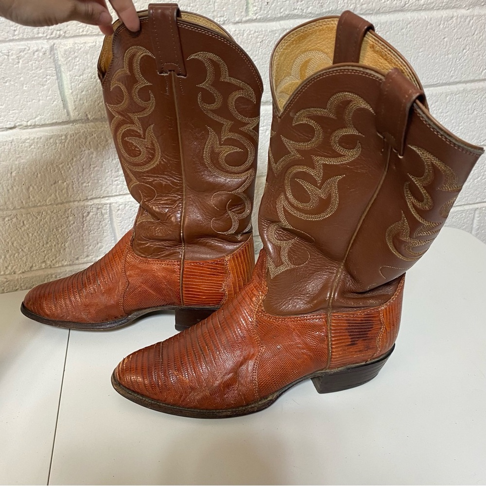 Nocona Teju Lizard Leather Boots Cognac Western Cowboy Boot Embroidered Two Tone